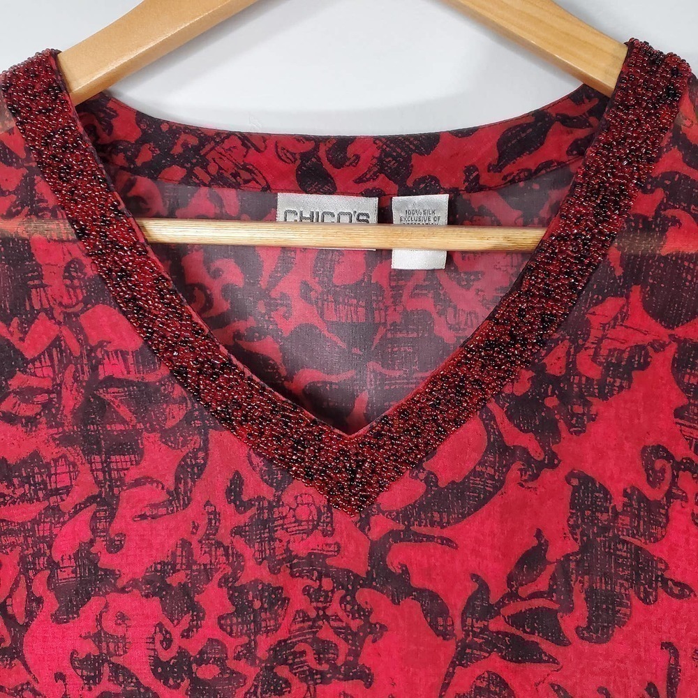 Chico's Embellished 100% Silk Baka Tunic Blouse Red Black Size 0 / Small - Picture 2 of 10